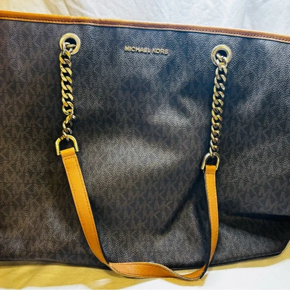 Michael Kors Jet Set Travel Brown Logo Coated Canvas Chain Tote Bag - Picture 9 of 16